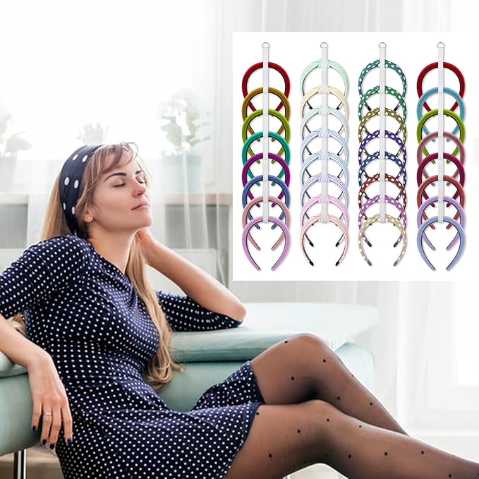 4 Pcs Headband Holder Organizer, White Hanging Wall Mounted Hairband Accessories, Hair Hoop Storage Display with 32 Total Rings for Women Girls, Bedroom Dorm Closet Decor