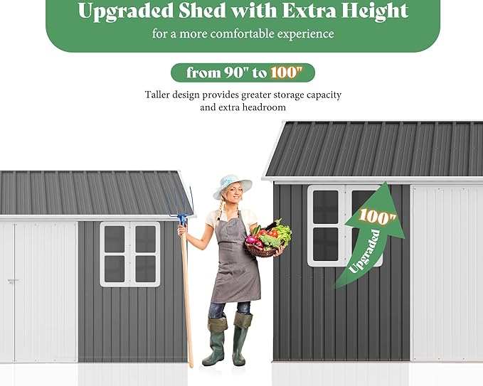 VanAcc 10 x 14FT Outdoor Storage Shed with a Lockable Hinged Door and 2 Windows, Nordic Cottage Metal Shed for Backyard, Garden, Patio, Dark Grey/White