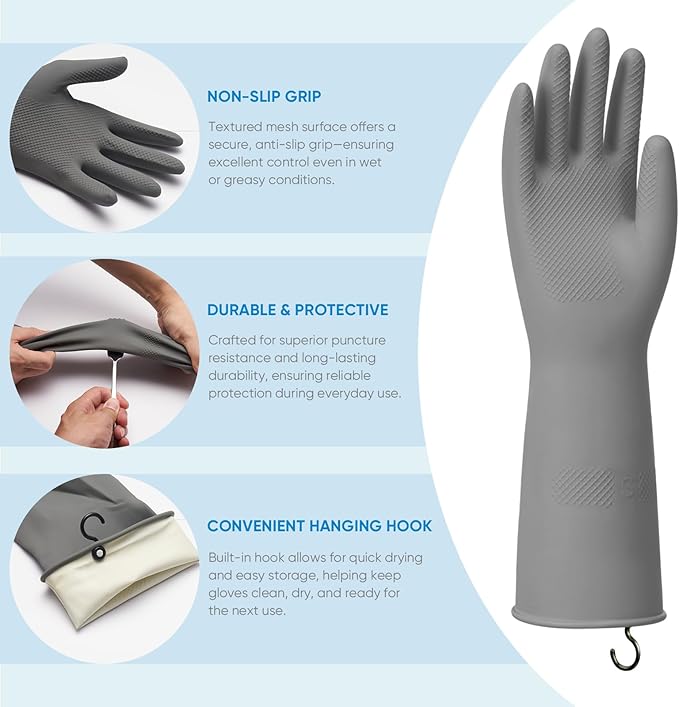 Dishwashing Gloves for Kitchen, 4 Pairs Rubber Cleaning Household Dish Washing Latex Glove with Hanging Hook (Black+Blue+Green+Grey, Large)