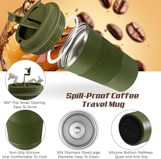 Vacuum-Insulated Stainless Steel Travel Coffee Mug, Leak-Proof Reusable Coffee Cup with Lid - Keep Hot & Cold Drinks for Hours, Durable Insulated Tumbler for Men & Women(3rd-Green, 12OZ)