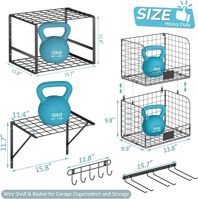 Garage Shelf Wall Mounted with Wire baskets, Heavy Duty Garage Wall Shelving with Garden Tool Rack and Hooks, Wire Shelf Baskets Tool Organizer for Home Garden Yard Organization and Storage