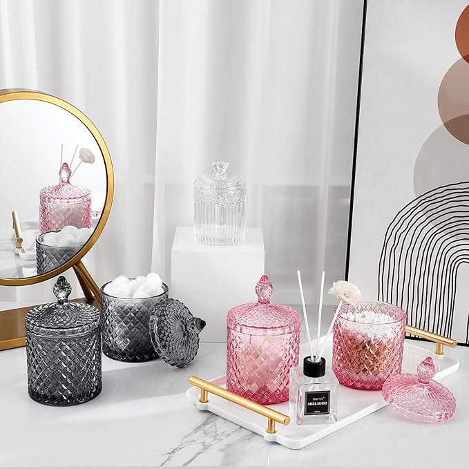 rejomiik Qtip Holder Glass Apothecary Jars with Lid for Bathroom Canisters Dispenser Decor, Storage Organizer for Cotton Swabs, Balls, Pads, Floss Picks, Candy, Grey