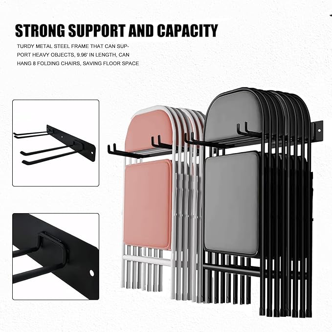 2Pack Folding Chair Storage Rack, Chair Hangers for Garage Wall, Garage Tool Organizer Wall Mount, Heavy Duty Garden Tool Holder for Hanging Shovel Rake Broom Ladder