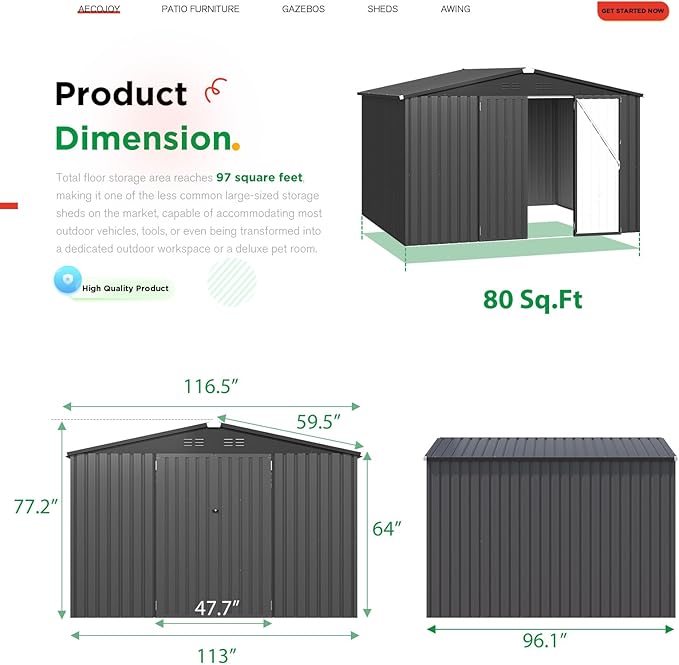 AECOJOY 8' x 10' Outdoor Storage Metal Shed, Dark Grey Steel Yard Shed & Outdoor Storage Clearance with Design of Lockable Doors, Utility and Tool Storage for Garden, Backyard, Patio, Outside use