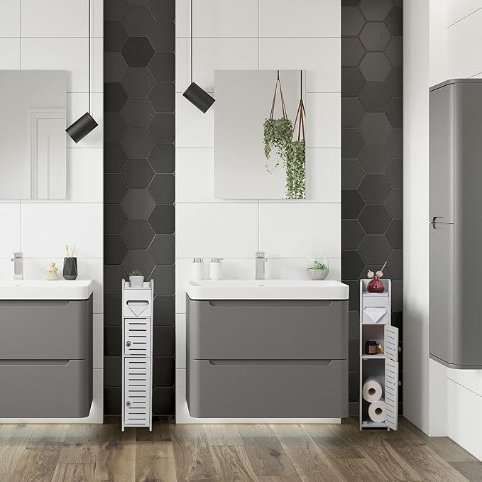 TuoxinEM Storage Cabinet for Small Spaces, Over The Toilet Cabinet for Skinny Bathroom Storage Corner Floor, Slim Paper Holder with 2 Doors & Shelves (White)