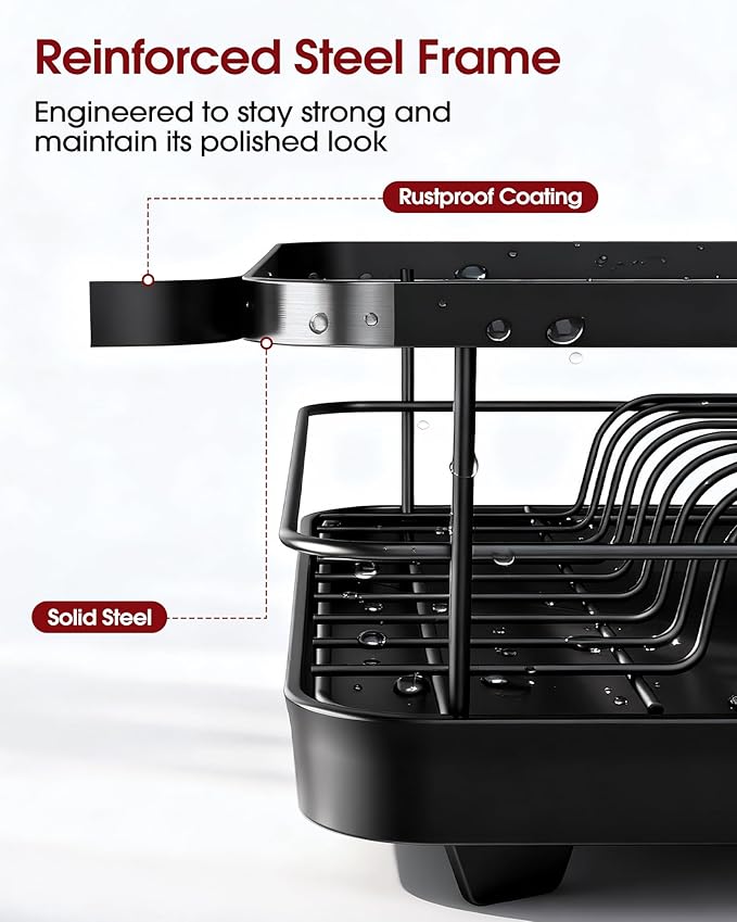 Stainless Steel Dish Drying Rack for Kitchen Counter, Sink Organization and Storage Essentials with Silverware & Utensil Holder, Home and Apartment Decor, 12''W x 15.5''L, Black