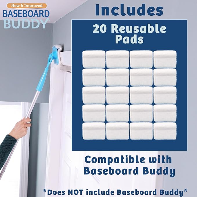Baseboard Buddy 20-Pack Replacement Pads | Reusable Cleaning Pads for Wet & Dry Use | Trap Dust, Dirt & Pet Hair | Mop Pad Refills for Baseboards, Trim, Molding & More