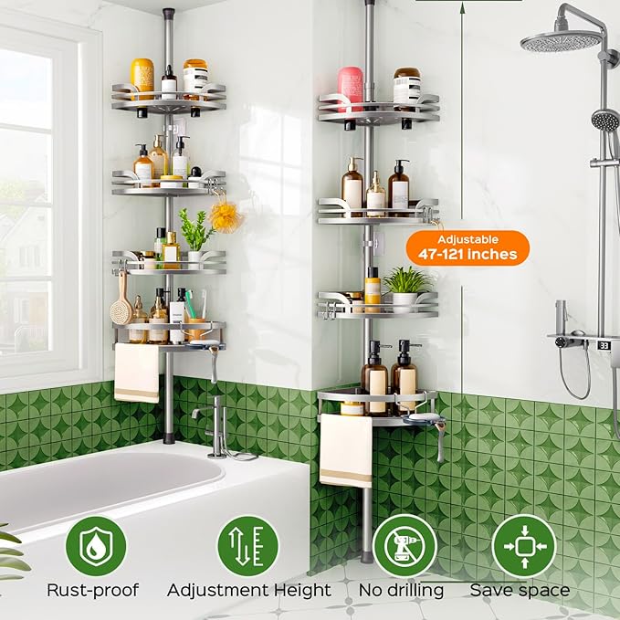 HAMITOR Shower Caddy Tension Pole：4-Tier Rustproof Bathroom Corner Shelf for Renters - 47-121inches Adjustable Bathtub Organizer with Soap Holder-large capacity rack for Shampoo Storage Home Accessory