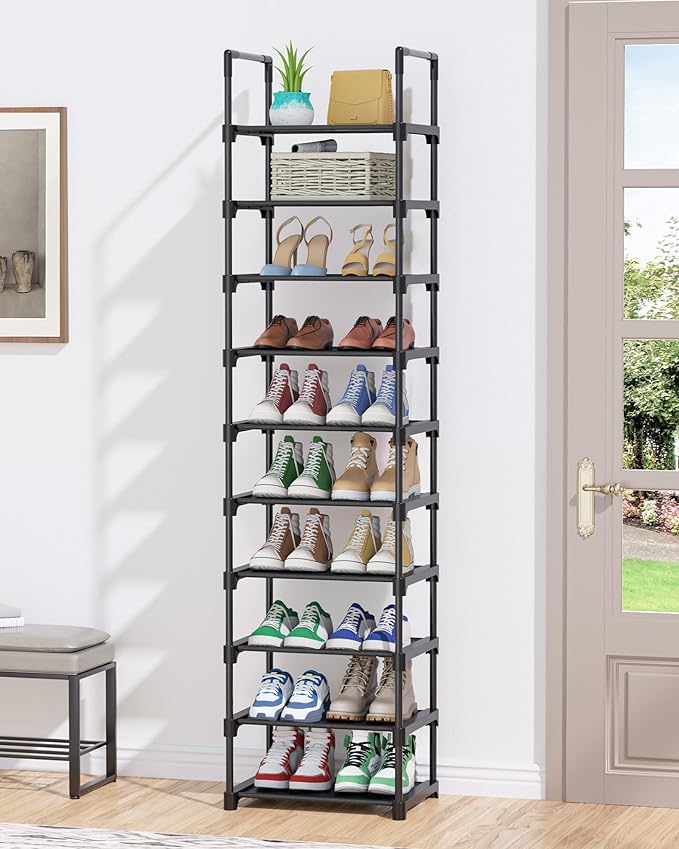 Kitsure Shoe Rack - 10-Tier Shoe Organizer with Detachable Fabric Shelves & Metal Frame, Tall Shoe Rack for Closet, Entrance, Living Room, 16.9" Wide - 10 Tier, Black