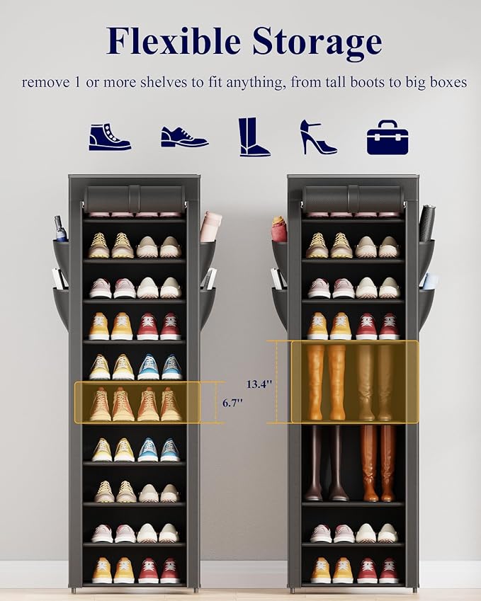 Kitsure Shoe Rack - 10-Tier Large Capacity Shoe Organizer Shelf with Dust Cover & Side Pockets, Rust-Proof Metal Shoe Rack for Closet, Entrance, Living Room, 17.5" x 12.4" x 69.3", Black