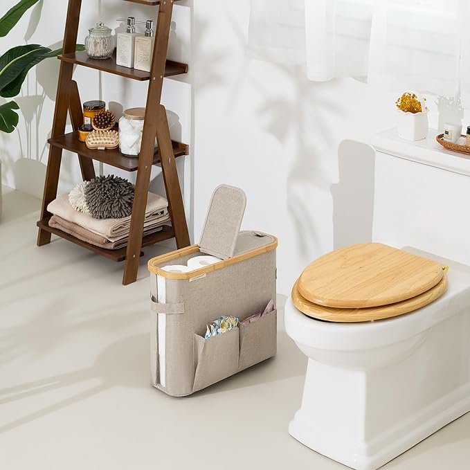 StorageWorks Toilet Paper Storage Baskets with Dual Flip Lids, Toilet Paper Organizer for Bathroom, Toilet Paper Container with Side Pocket, Holds 9 Mega or 12 Regular Rolls, Medium, Brown