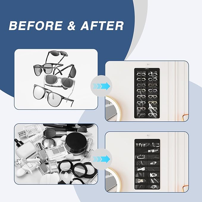 Hanging Sunglasses Organizer and Storage, Dual-Sided Sunglasses Case and Jewelry Holder, Wall-Mounted, 32 Clear Slots, Dust-Proof, Roof Design for Travel, Black