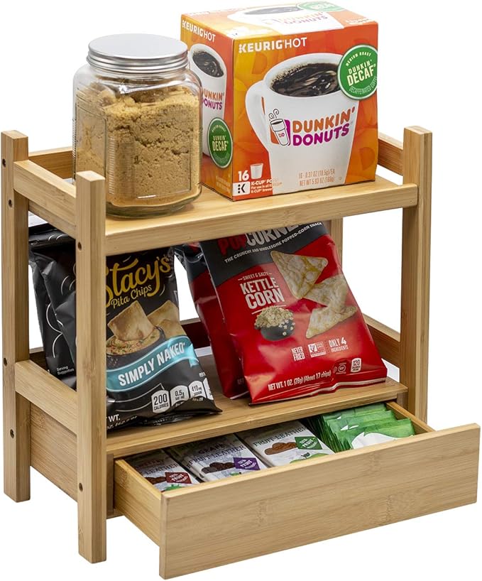 Sorbus Bamboo Bathroom Counter Organizer – 2-Tier Shelf with Hidden Drawer for Vanity, Matcha Station, Bathroom Sink Organizer Countertop, Kitchen & Office Storage (13″ L x 6.5″ W x 12.6″ H)