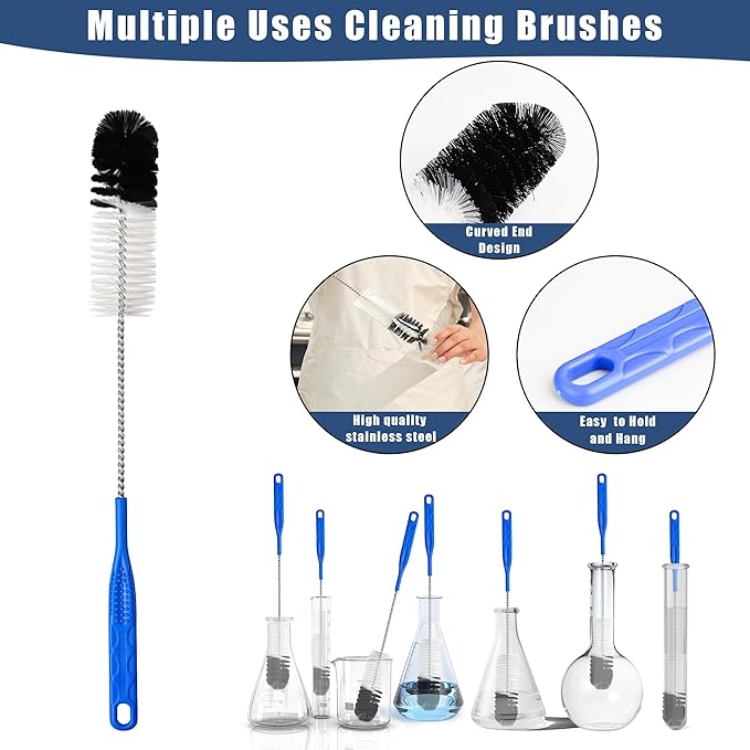 12Pcs Glass Tube Pipe Cleaners Brush Kit,Long Nylon Straw Brush for Glass Funnel and Bottle,17-inch Long Handle,8.2-in Different Diameters Brushes,35-in Flexible Double-Ended Hose Tool (Blue)