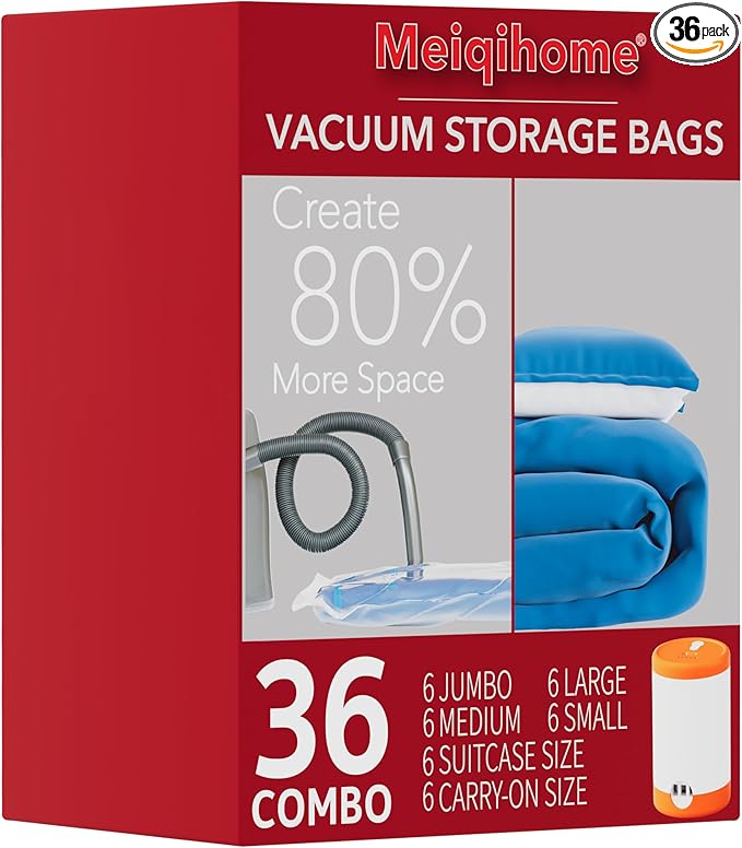 MEIQIHOME Vacuum Storage Bags, Space Saver Sealer Bags,Vacuum seal bags for clothing, Pillows, Comforters, Blankets, Bedding,36 Pack cordless travel vacuum bag set