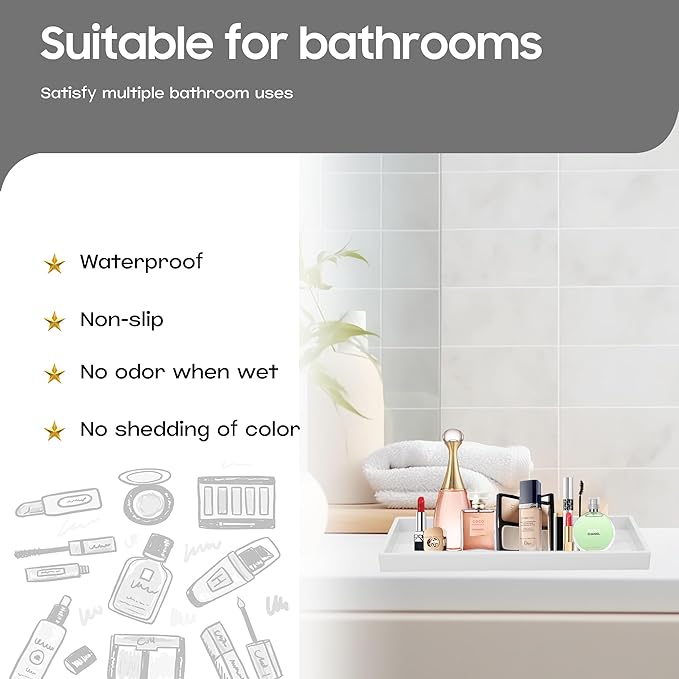 Vanity and Bathroom Tray, 15" ABS Countertop Organizer,Waterproof Vanity Tray for Toilet Tank,Perfume,Soap,Keys,Bathroom Accessories,Kitchen and Bath Trays,Non Slip Small Trays,White,2 Pack