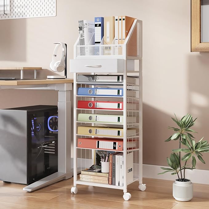 SWTYMIKI 9-Tier Rolling File Cart - Paper Organizer with Drawer and Trays, Wood Desk Office Organizer, Office Organization and Binder Storage for Workspace, Home, School, White