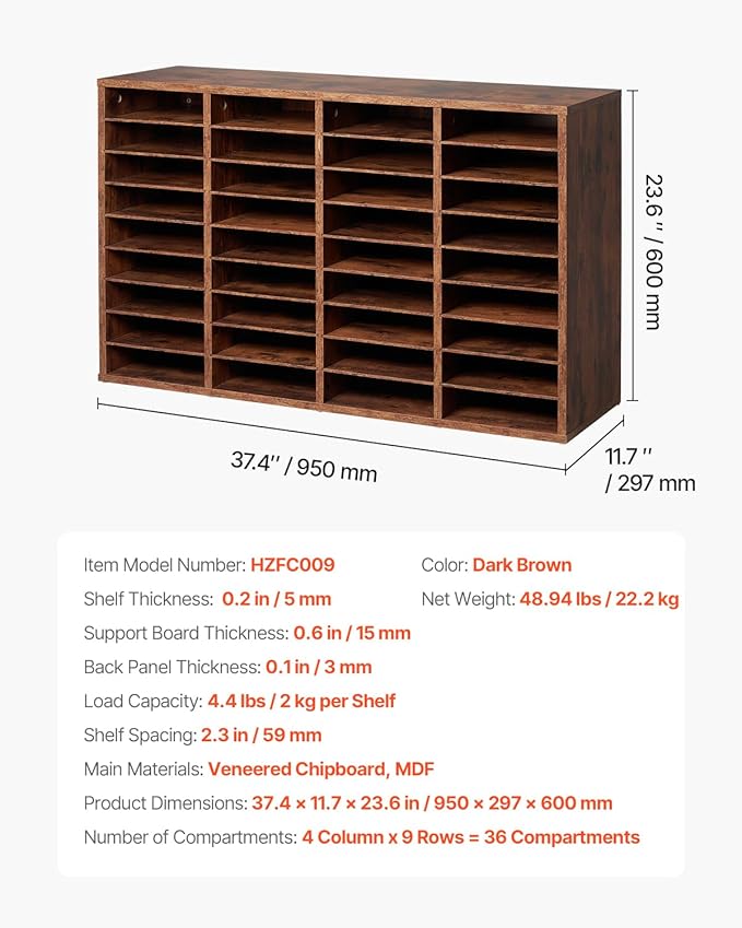 VEVOR Literature Organizer, 36 Compartments Office Mailbox with Removable Shelves, Wood Mailbox Sorter Particle Board Office Home Classroom Storage, File Sorter for File, Document, Paper, Dark Brown