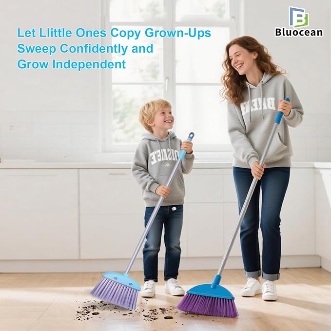 28'' Kids Mini Broom and Dustpan Set - Toddler Cleaning Toy, Toddler Household Helper, Parent-Child Interactive Play Cleaning Tool, Cute Cartoon Design, Small Safe Corner Broom (Blue Bubble)
