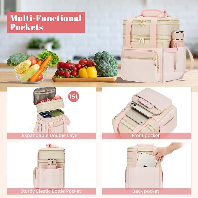 Insulated Lunch Bag & Lunch Box for Women - Double Deck Reusable Lunch Bag for men Tote Cooler Bag Leakproof Soft Expandable - Large Lunchbox for Work/Adult/Picnic/Outdoor (Pink，15L)