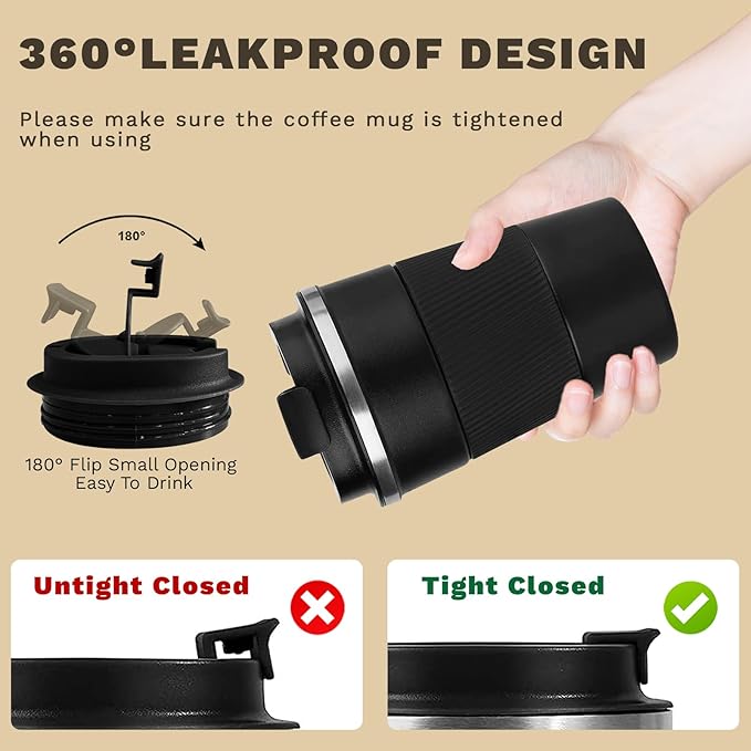 Vacuum-Insulated Stainless Steel Travel Coffee Mug, Leak-Proof Reusable Coffee Cup with Lid - Keep Hot & Cold Drinks for Hours, Durable Insulated Tumbler for Men & Women(3rd-Black, 17OZ)