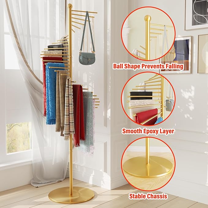 Spiral Scarf Rack, Metal Freestanding Scarf Organizer with 30 Rods, Commercial Hijab Organizer Stand for Home Clothing Store, Space Saving Shelves (Gold)