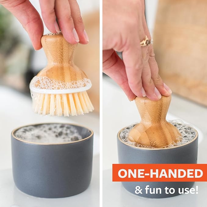 Full Circle Bubble Up- Eco-Friendly Bamboo Dish Brush & Ceramic Soap Dispenser - Natural Scrub Set for Dishes, Cast Iron - Kitchen Cleaning with Handle, Gray - 2 Pack