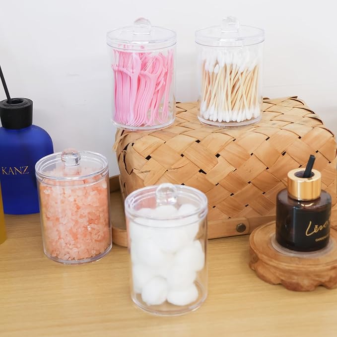 2 Pack Acrylic Qtip Holder Dispenser,Canisters Apothecary Jar Set, Vanity Makeup Bathroom Organizers and Storage Set, 10oz