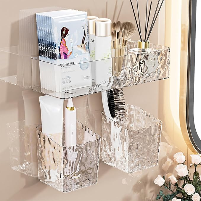 4 Pack Wall Mounted Bathroom Caddy Organizer, Adhesive Shower Shelf for Inside Shower Caddy Plastic Bathroom Organizers and Storage with Bins for Makeup, Bath, Home Decor (Clear-4 Pack)