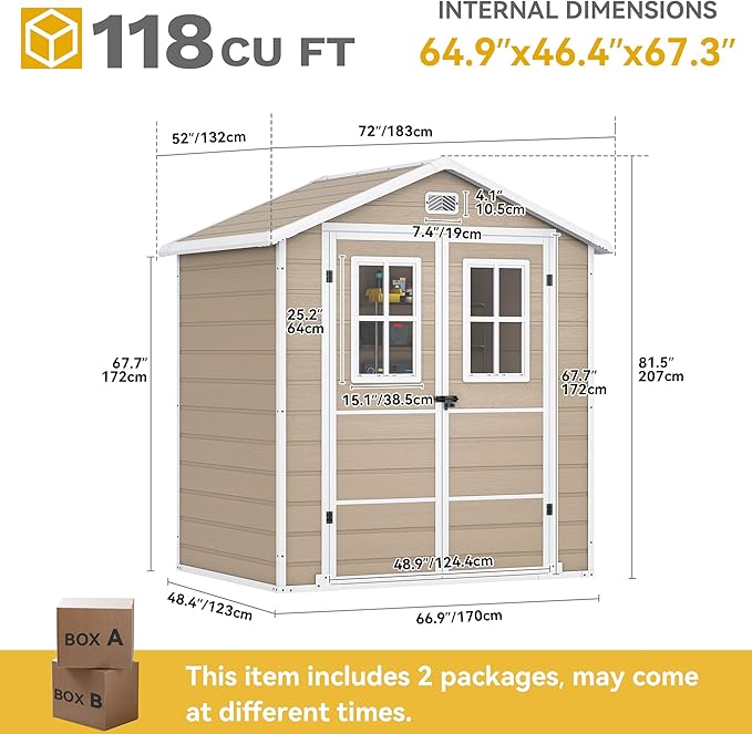 DWVO 6x4.4ft Outdoor Storage Shed, Plastic Garden Tool Shed with 2 Vision Windows, Double-Wall Outside Shed for Mower Lawn, Garden Tool for Backyard Lawn Patio, Lockable, Beige