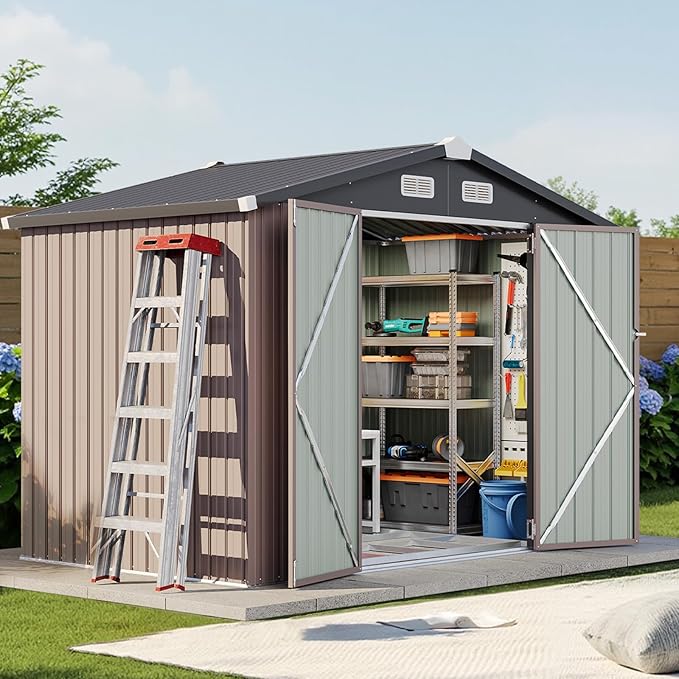 8x6 FT Outdoor Storage Shed with Base & Lockable Double Doors, Heavy-Duty Galvanized Steel Outdoor Metal Shed for Bike, Tool, Generator Storage in Backyard, Patio (8’x6’, Base)