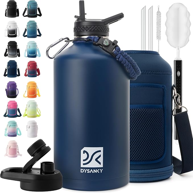 1 Gallon Water Bottle Insulated | Thickened Stainless Steel Vacuum Metal Water Jug | Portable Sports Large for Gym and Hiking with Straw, Carrier Bag, Handle Strap | BPA-Free 128 oz