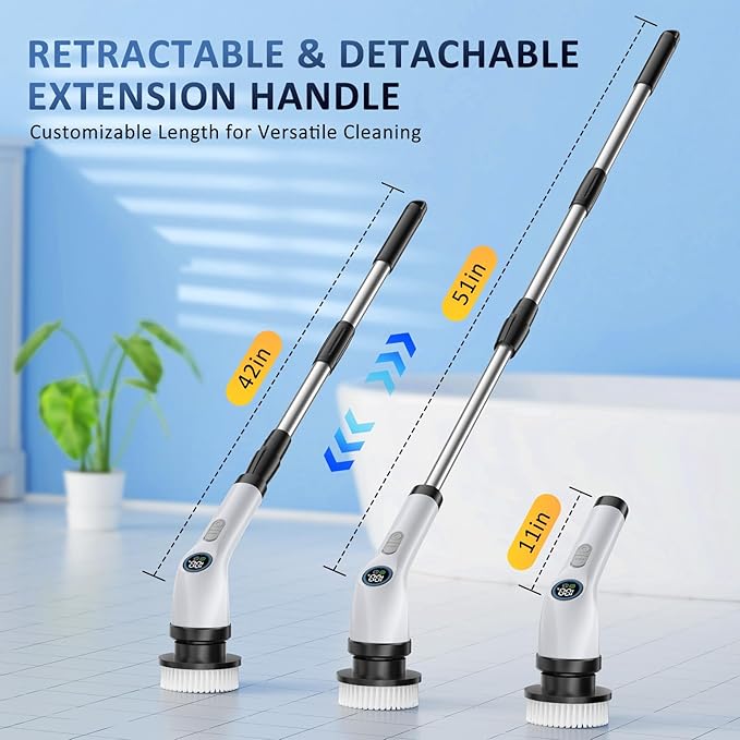 Electric Spin Scrubber Upgraded Battery with Extra-Long Runtime, IPX7 Waterproof Power Cleaner with 7 Brush Heads, 2 Speeds Adjustable Long Handle for Bathroom, Floor, Shower