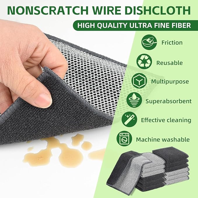 6Pack Double Side Wire Dishcloth, Upgrade Wire Cleaning Cloths, Soft Multipurpose Non-Scratch Wire Dishwashing Rags for Home/Kitchen(7.87''x7.87'')-Light Grey