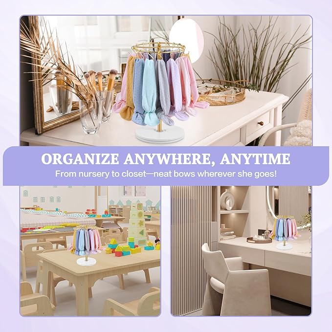 Planetgreen 360° Rotating Headband Holder for Baby Girls - Gold Hair Bow Organizer Display Stand with 30 Hooks - Spinning Hair Accessories Storage Rack for Nursery Room, Dresser & Vanity Table
