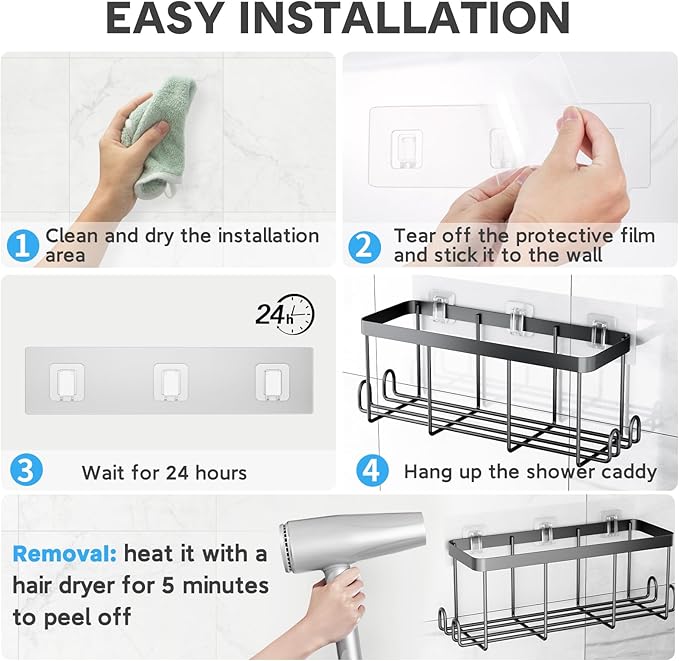 Lsnisni 12 Pack Shower Caddy Adhesive Replacement, Waterproof Shower Shelf Adhesive Strips, Strong Adhesive Flat Hooks for Bathroom Storage Shelves and Kitchen Racks No Drilling, Clear