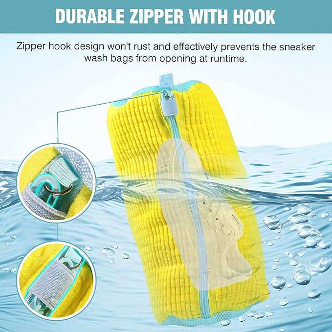 Shoe Washing Machine Bag, Shoe Laundry Bag for Washer and Dryer, Include Dry Net Bag, Reusable and Durable Zipper with Hook Design, Shoe Washing Bag for Sneaker (Yellow, 1 Pack)