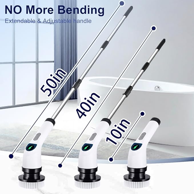 Electric Spin Scrubber for Cleaning, Adjustable Shower Brush with 7 Replaceable Heads & Power LED Display, 2 Speed Waterproof Cordless Shower Scrubber for Bathtub, Kitchen, Car, White