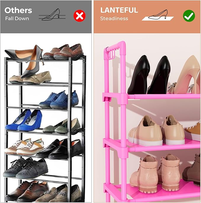 3 Tier Shoe Rack for Closet, Shoe Organizer with 5 Hooks, Long Shoe Shelf Storage for Shoe and Boot Stackable Free Standing Shoe Rack for Entryway, Garage, Small Spaces, Dorm, Pink
