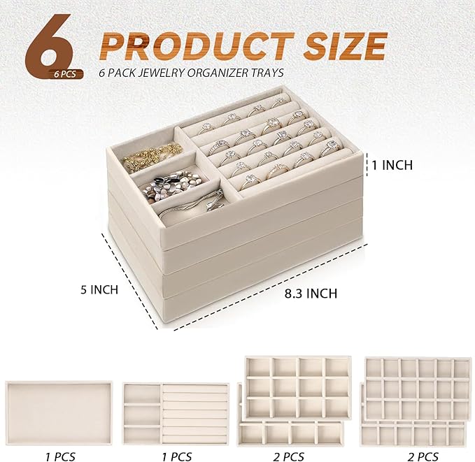 6 Pcs Velvet Jewelry Tray, Stackable Jewelry Organizer, Necklace Bracelet Display Tray, Jewelry Storage Inserts Set for Dresser & Vanity(6)