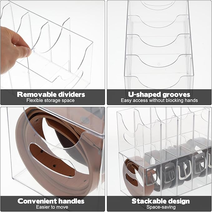 3 Pack Acrylic Belt Organizer Clear Stackable Belt Storage Holder Purse Organizer for Closet - 5 Compartments with Removable Dividers,Display Case Pantry Cabinet Organizers for Ties,Socks,Underwear