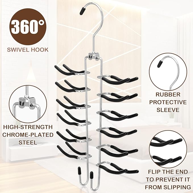 Kathfly 3 Pcs Swivel Tie with Belt Hanger Chrome Tie & Belt Hanger Organizer Black 360 Degree Swivel Space Saving Storage Holder with Non-Slip Sleeve for Men, 26 Hooks