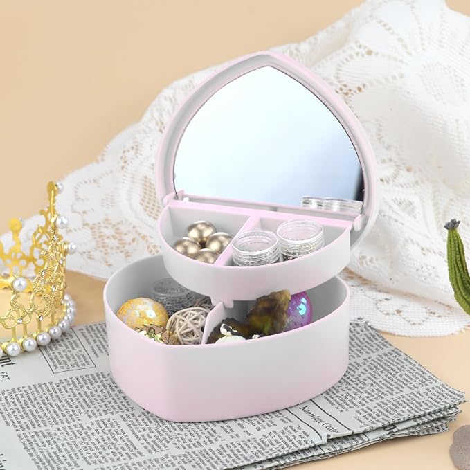 Heart Shaped Jewellery Box, Jewellery Organiser with Cosmetic Mirror, Jewellery Display Box for Girls＆Women (White)