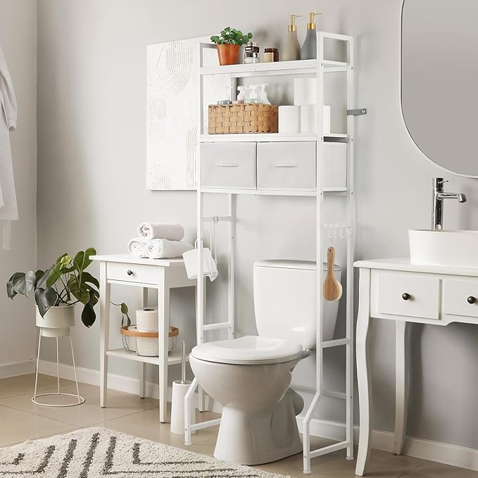 YBING Over The Toilet Storage Cabinet, Over Toilet Bathroom Organizer with Drawer, Above Toilet Stand with Roll Holder and Hooks, Over Toilet Storage Shelf Cabinet, Wooden, White
