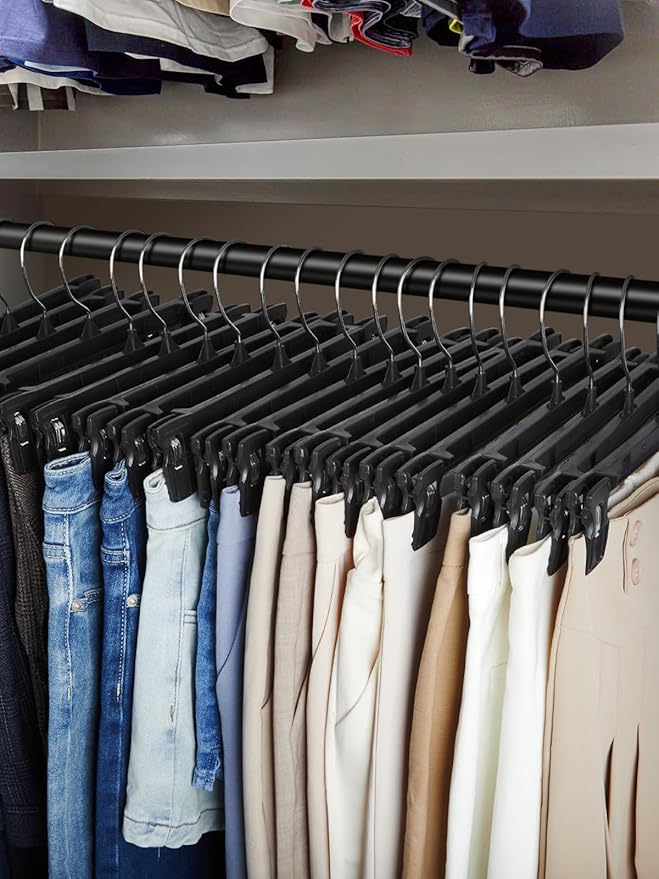 Smartor Space Saving Skirt Hangers - 90 Pack, Slim Plastic Pants and Shorts Hangers, Ridged Non-Slip with Pinch Clips, Black Clip Hangers for Women, 360-Rotating Chrome Swivel Hook, 12 Inches