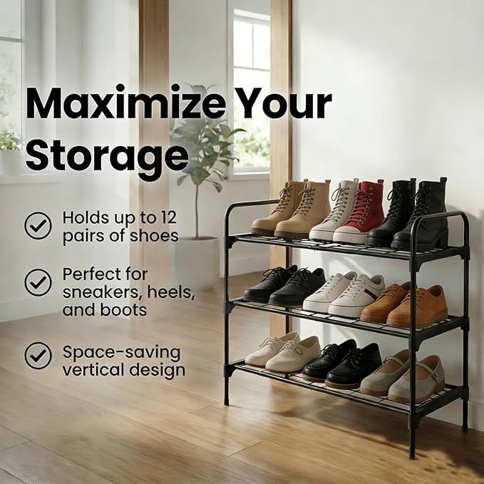 3-Tier Shoe Rack Organlzer, Rustproof lron, Spaclous Shoe Storage Shelf for Closet or Entryway, Fits Sneakers & Slippers, Black