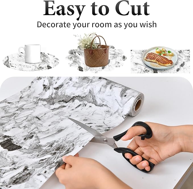 Drawer and Shelf Liner for Kitchen Cabinet: 17 in X 20 Ft Non Slip Waterproof Shelf Paper Non Adhesive Refrigerator Liners Grey and White Marble Easy Liners for Bathroom with Knife Tape Measure
