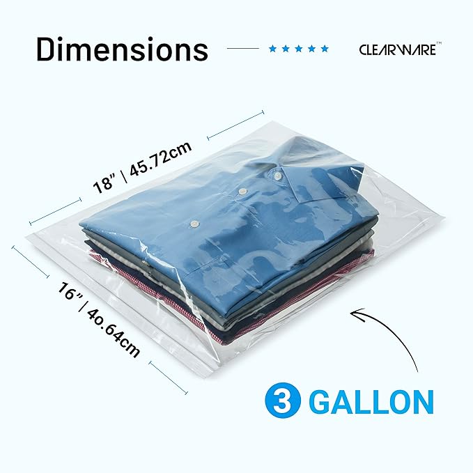 12 Large Storage Bags With Zipper Top - 3 Gallon Size, 16" x 18", Extra Large Plastic for Clothes, Travel, Moving, Large Reusable freezer bags, BPA-Free, 2-mil Thick