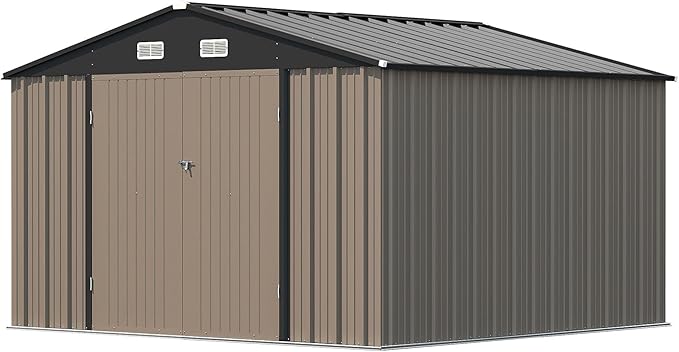 Patiowell 10x10 FT Storage Shed, Outdoor Metal Sheds with Lockable Door and Sloping Roof, Waterproof Outside Large Garden Tool Shed with Breathable Vents for Patio Lawn Backyard, Brown