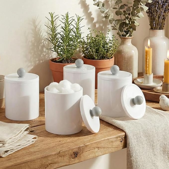 SheeChung 6 Pack White Acrylic Apothecary Jars - Shatterproof Qtip Holder Dispenser Set - Opaque Bathroom Vanity Organizer for Cotton Swabs,Balls,Pads - Modern Minimalist Decor(3*10oz,3*12oz)